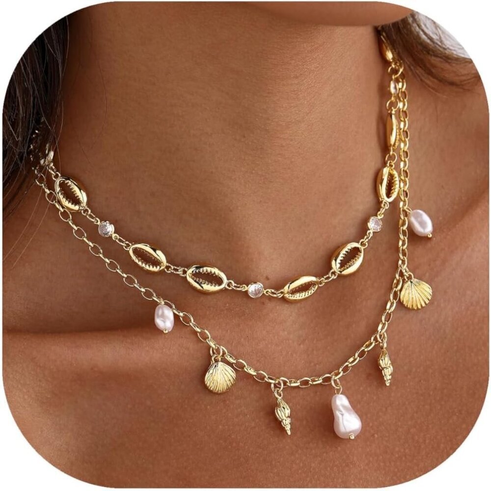 Shell Necklace Brass Gold Plated Beach Summer Layered Pendant Jewelry